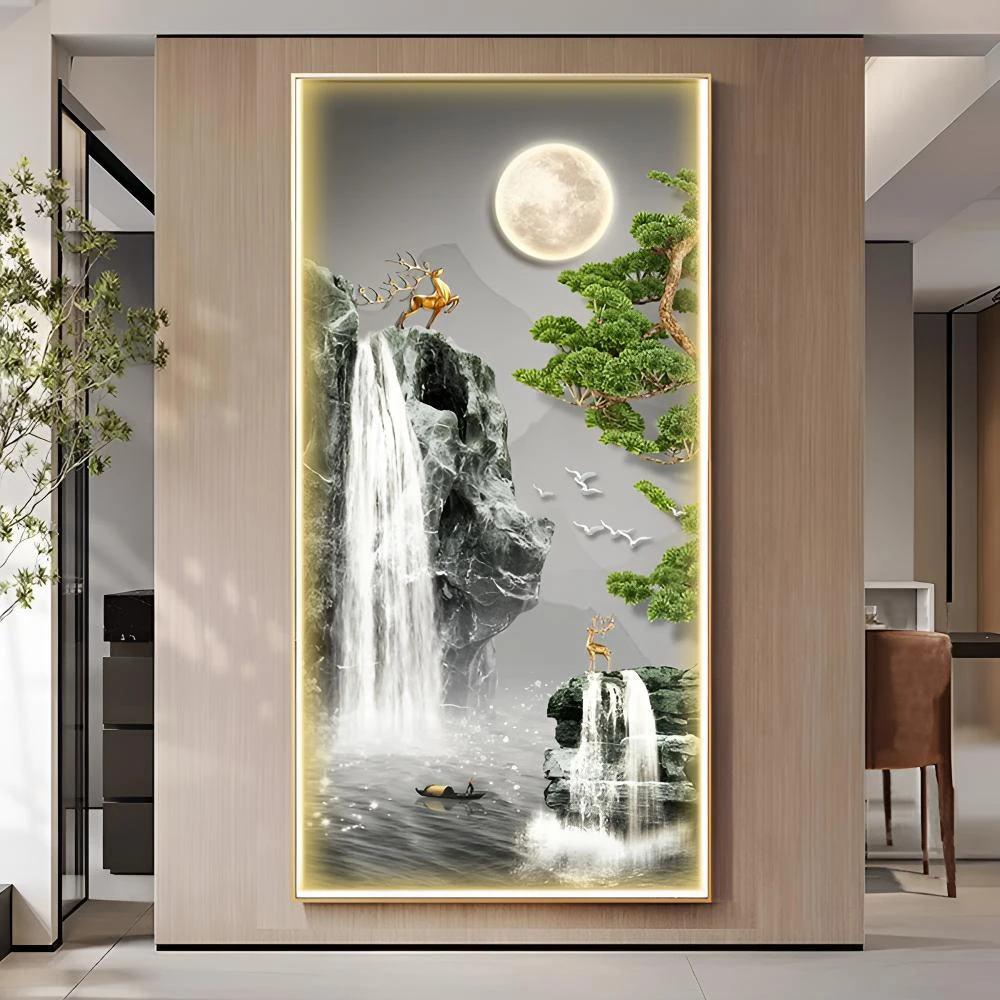 新中式迎客松大气高档轻奢带灯装饰画客厅入户玄关画走廊过道挂画