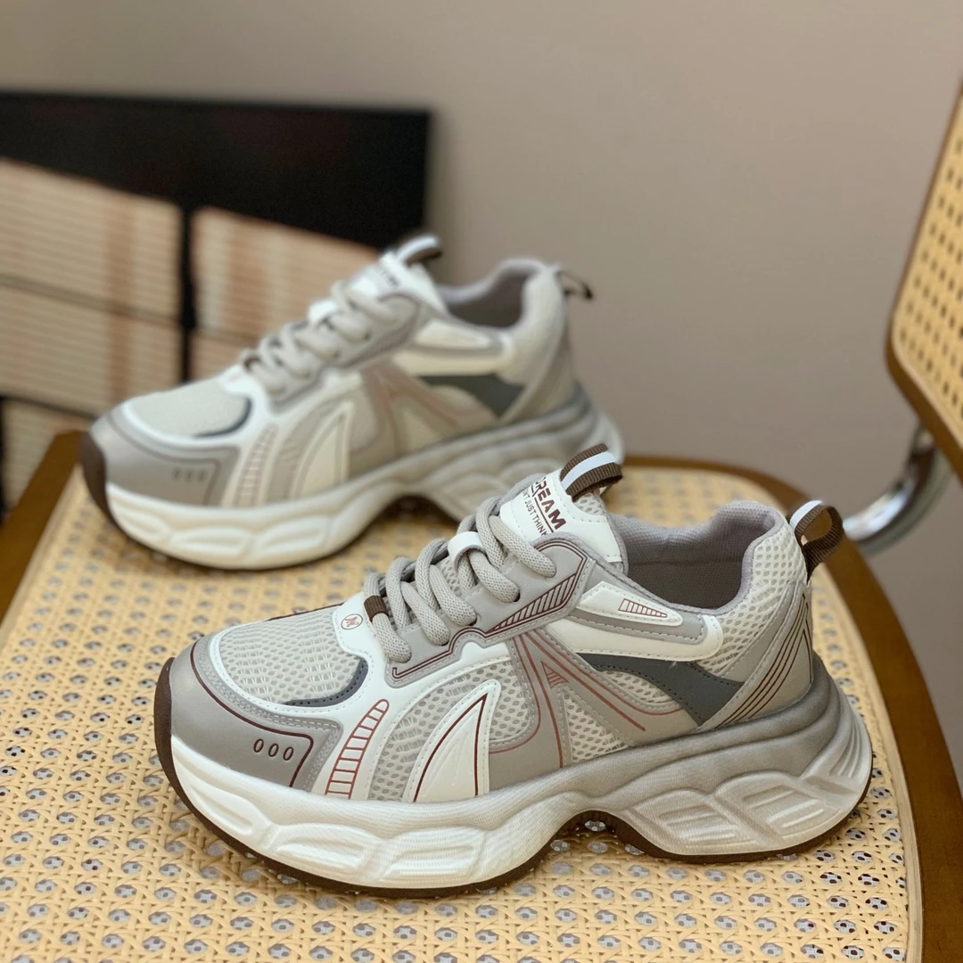 网面透气复古老爹鞋女2025春季新款百搭真皮系带拼色显脚小运动鞋