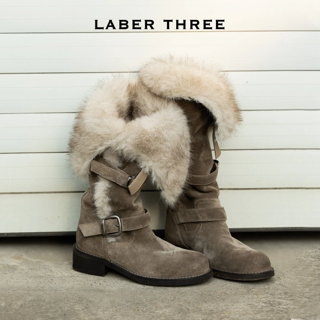 LABERTHREE2025弥冬旷野绕带雪地靴女复古擦色金属扣毛毛长靴