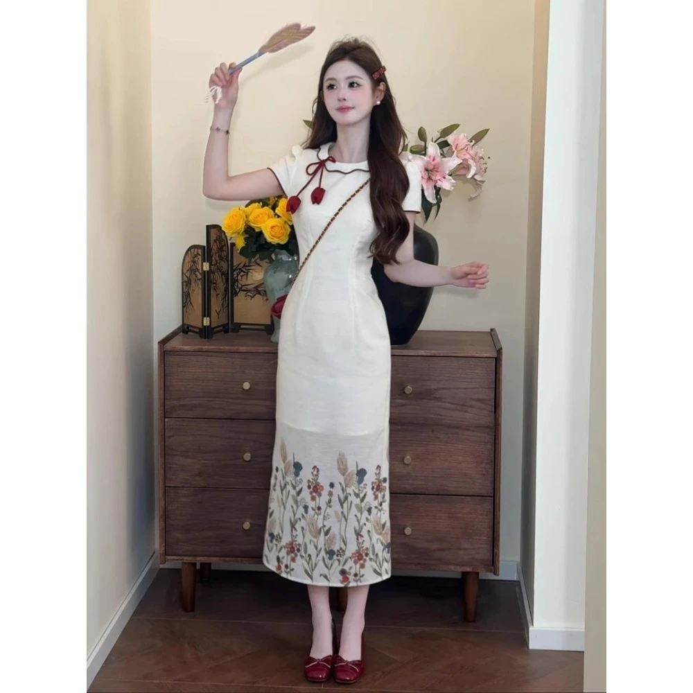 七七很芒语蝶新中式改良长裙2025夏新品花瓣领印花旗袍连衣裙8278
