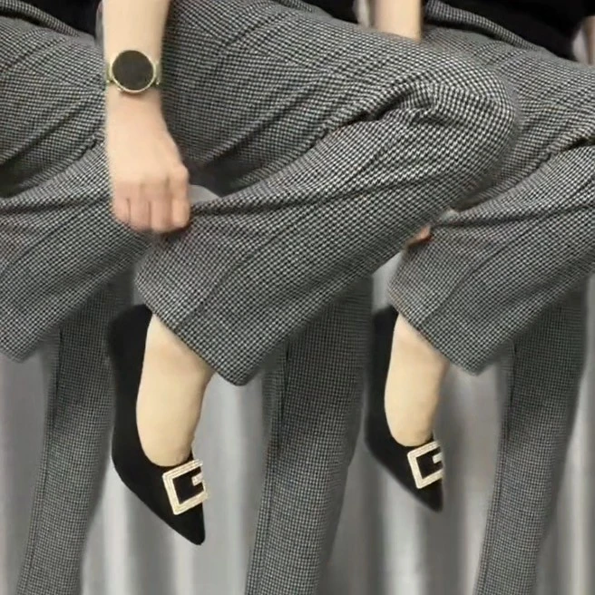 2025春季千鸟格直筒裤时尚松紧高腰显瘦修身休闲百搭长裤