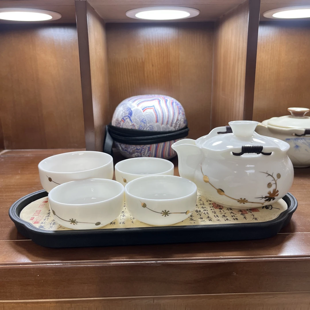 C430中国风羊脂玉白瓷快客杯一壶四杯可悬停旅行茶具便携式手抓壶