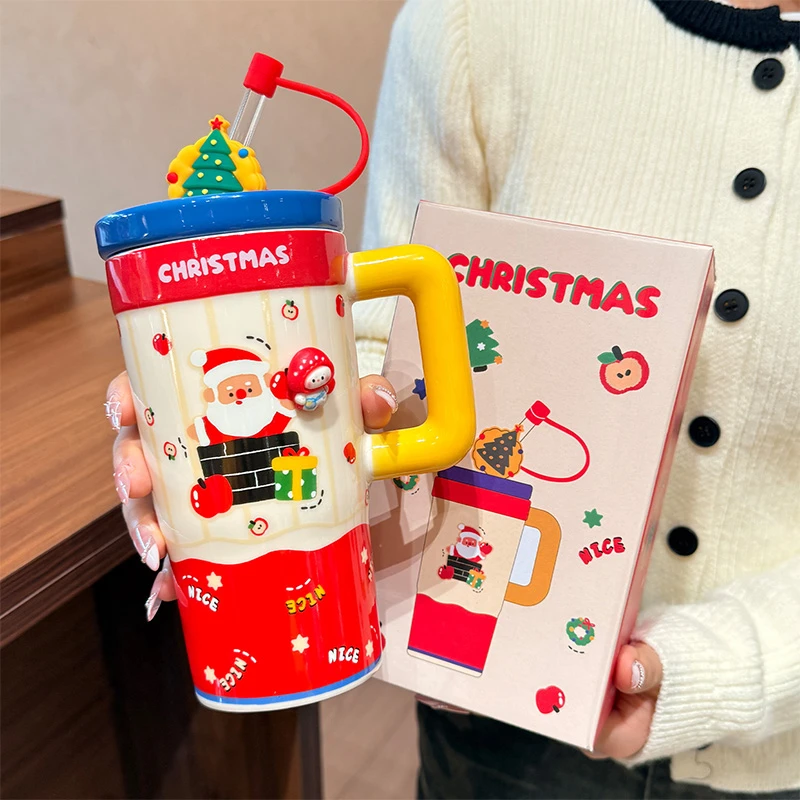 圣诞节杯子陶瓷马克杯带盖吸管杯大容量咖啡杯子送女生礼物情侣杯