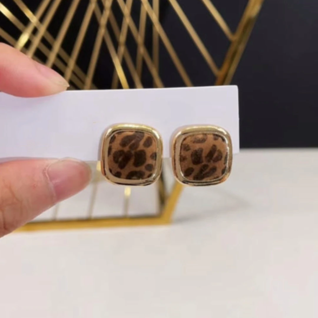 铜合金耳饰 美拉德豹纹方块耳钉女2026年耳饰显瘦条纹几何耳环潮