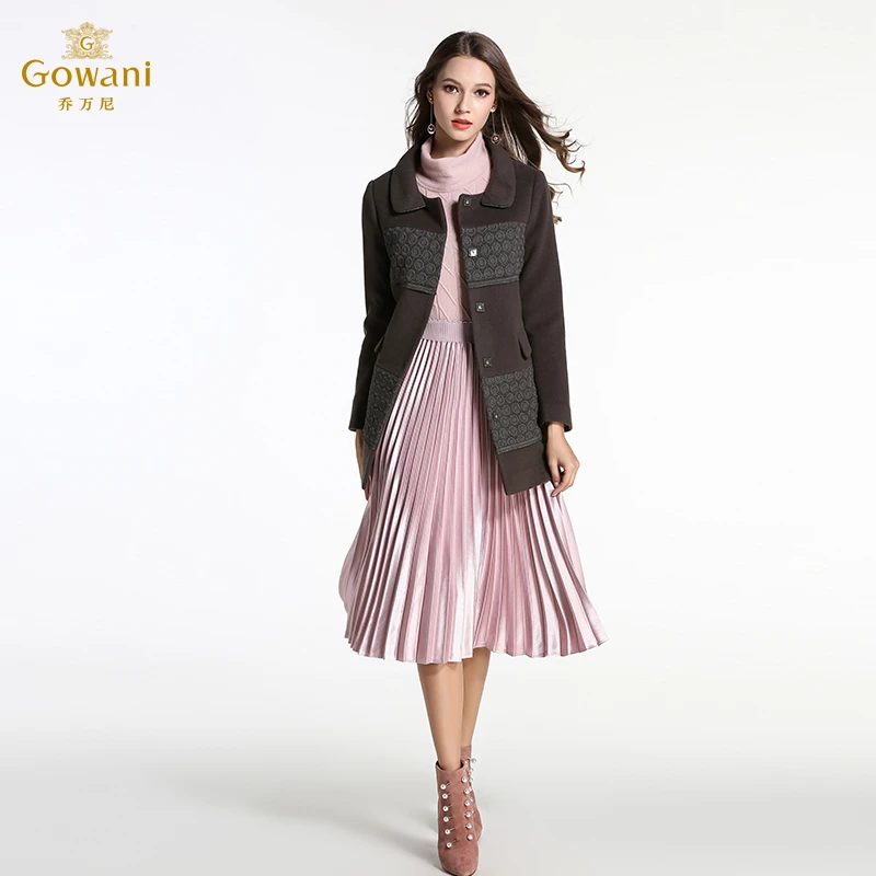 乔万尼毛呢外套女时尚撞色修身中长款单排扣羊毛呢子大衣E144A863