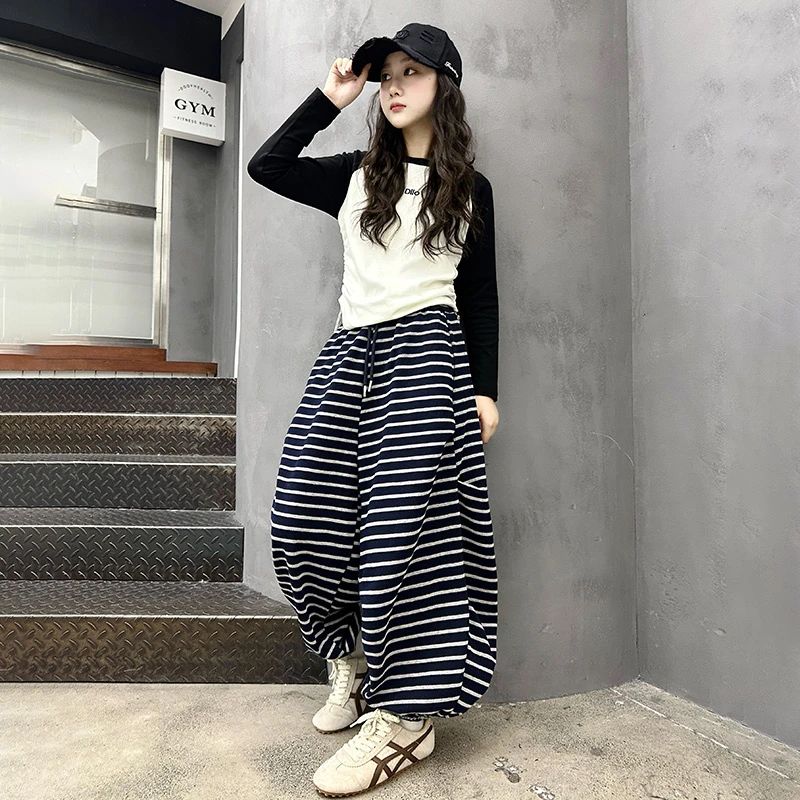 条纹阔腿女休闲春秋百搭中大童女童套装百搭洋气套头上衣新款