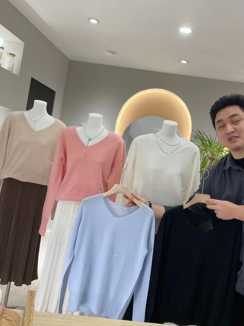 V领套头长袖纯山羊绒韩版针织百搭简约气质网红240327长螺纹