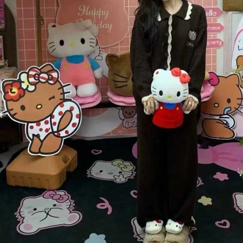【摩卡棕-KITTY】针织半边绒冬季软保暖宽松家居服套装
