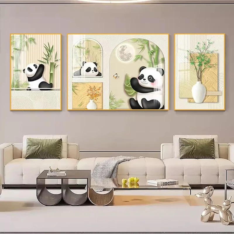 客厅钻石画全贴满钻简约现代可爱熊猫三联手工粘贴钻十字绣钻石绣