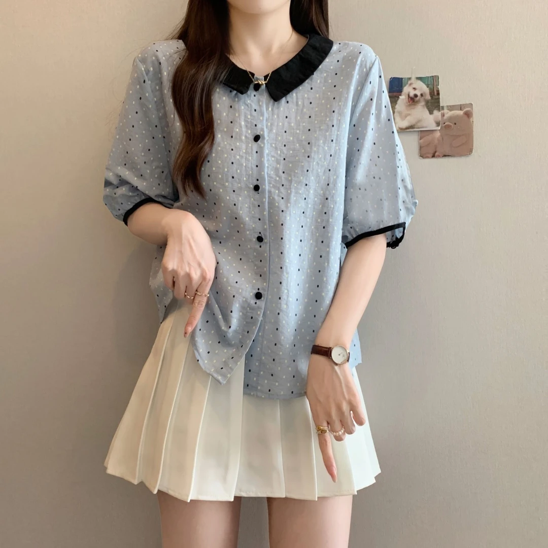 波点衬衫女夏季新款娃娃领宽松显瘦遮肚子减龄大码女装胖妹妹上衣