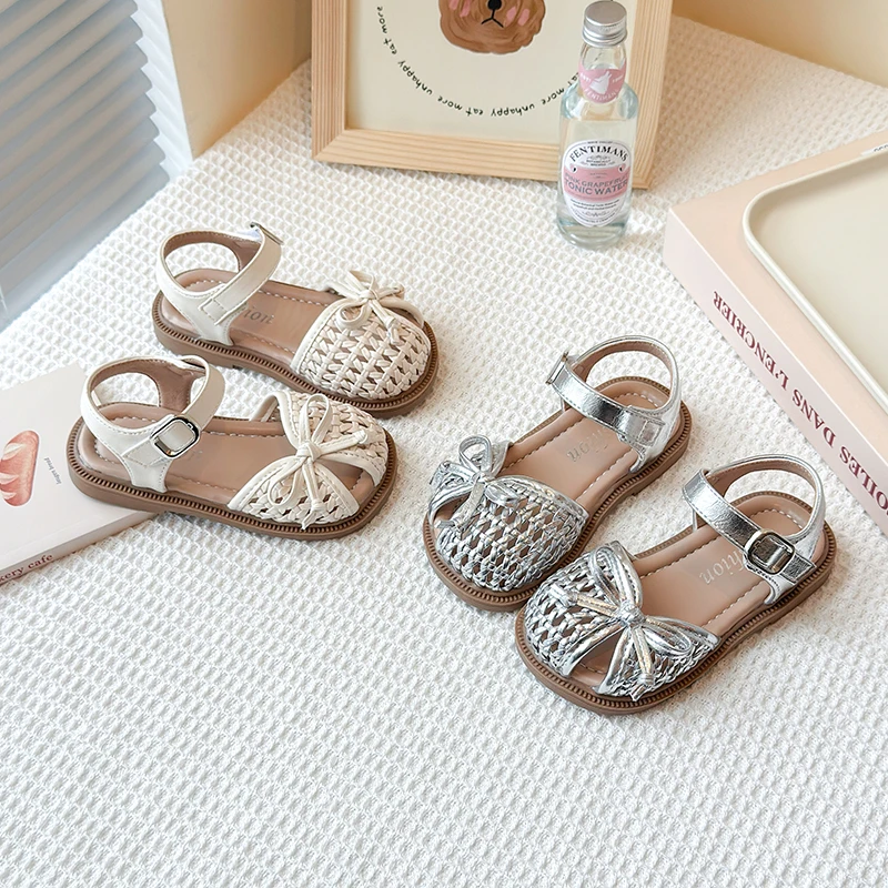 女童编织包头凉鞋2025夏季新款洋气蝴蝶结韩版公主鞋宝宝时尚凉鞋