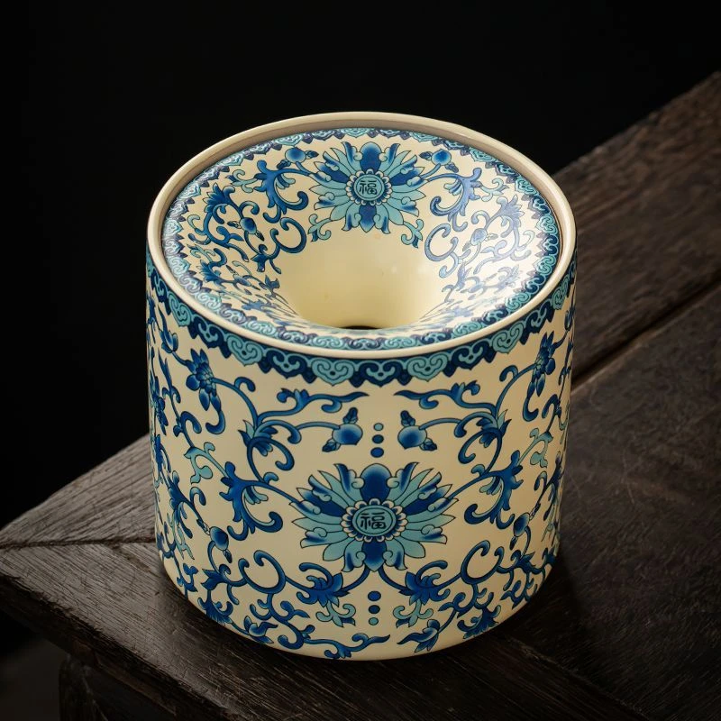 汝窑国风青花缠枝莲漏斗烟灰缸带盖防飞灰茶渣缸水孟杯洗家用配件