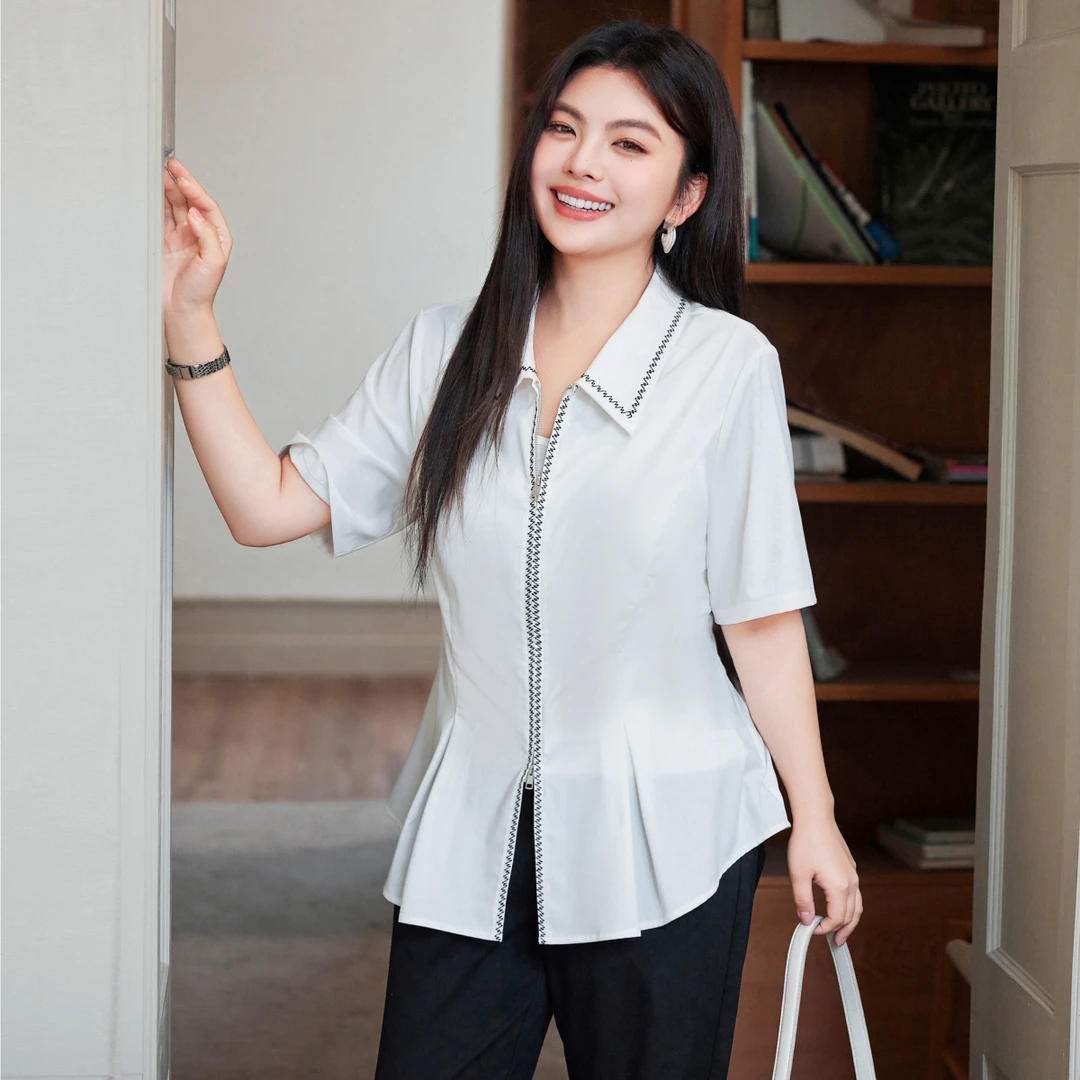 【撞色刺绣双拉链】MsShe大码女装秋装收褶显瘦短袖衬衫A~A2503030