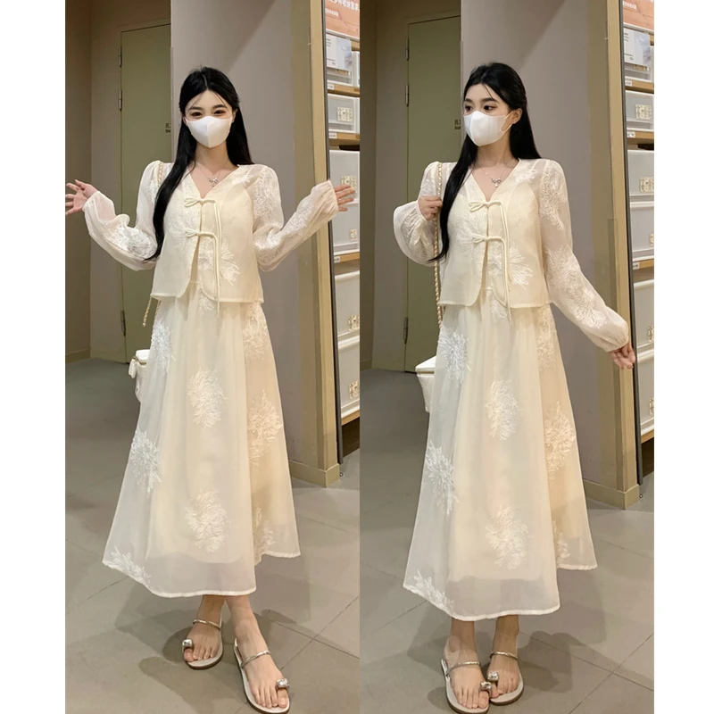 大码新中式套装女春夏国风盘扣刺绣提花衬衫气质吊带连衣裙两件套