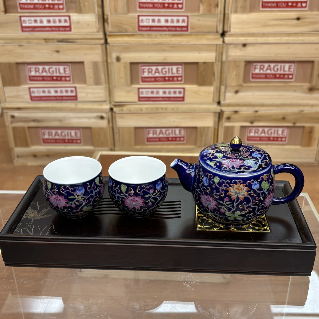 【闪购商品】京隆堂缠枝莲霁蓝茶壶一壶二杯带茶盘