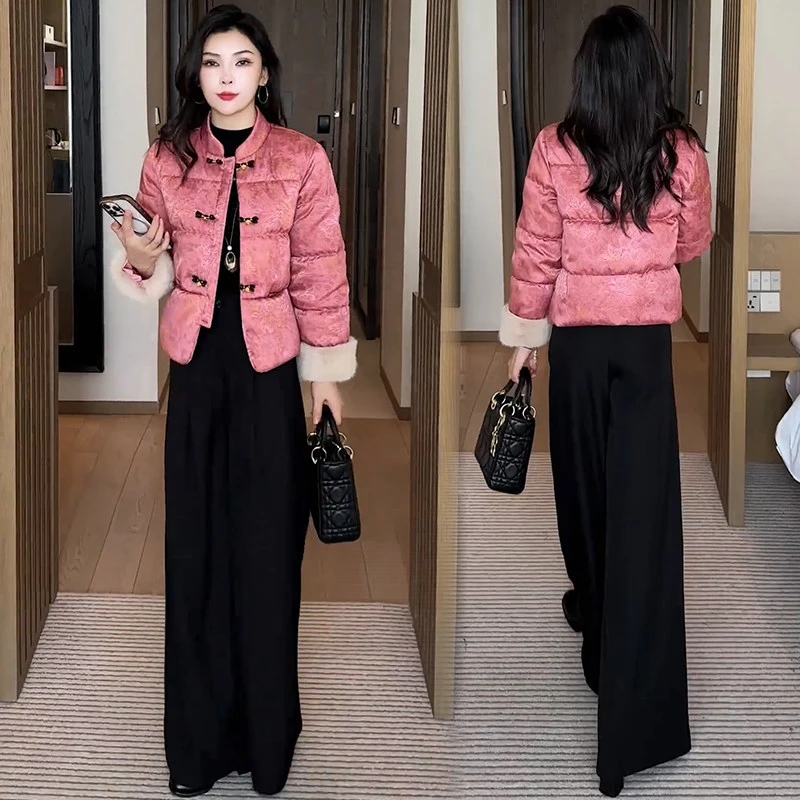 新中式国风棉服女2025冬季新款时髦气质保暖提花盘扣棉袄外套套装