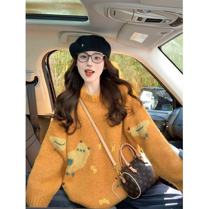 宽松慵懒风黄色毛衣女款爆款2025秋冬新款洋气高级感针织衫上衣女