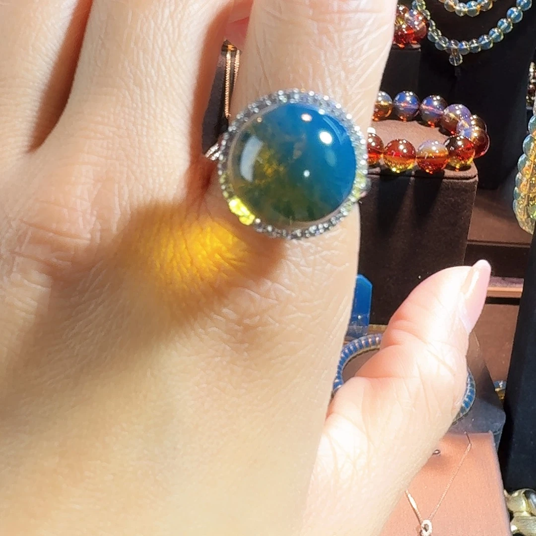 琥珀银S925镶嵌戒指多米尼加15mm