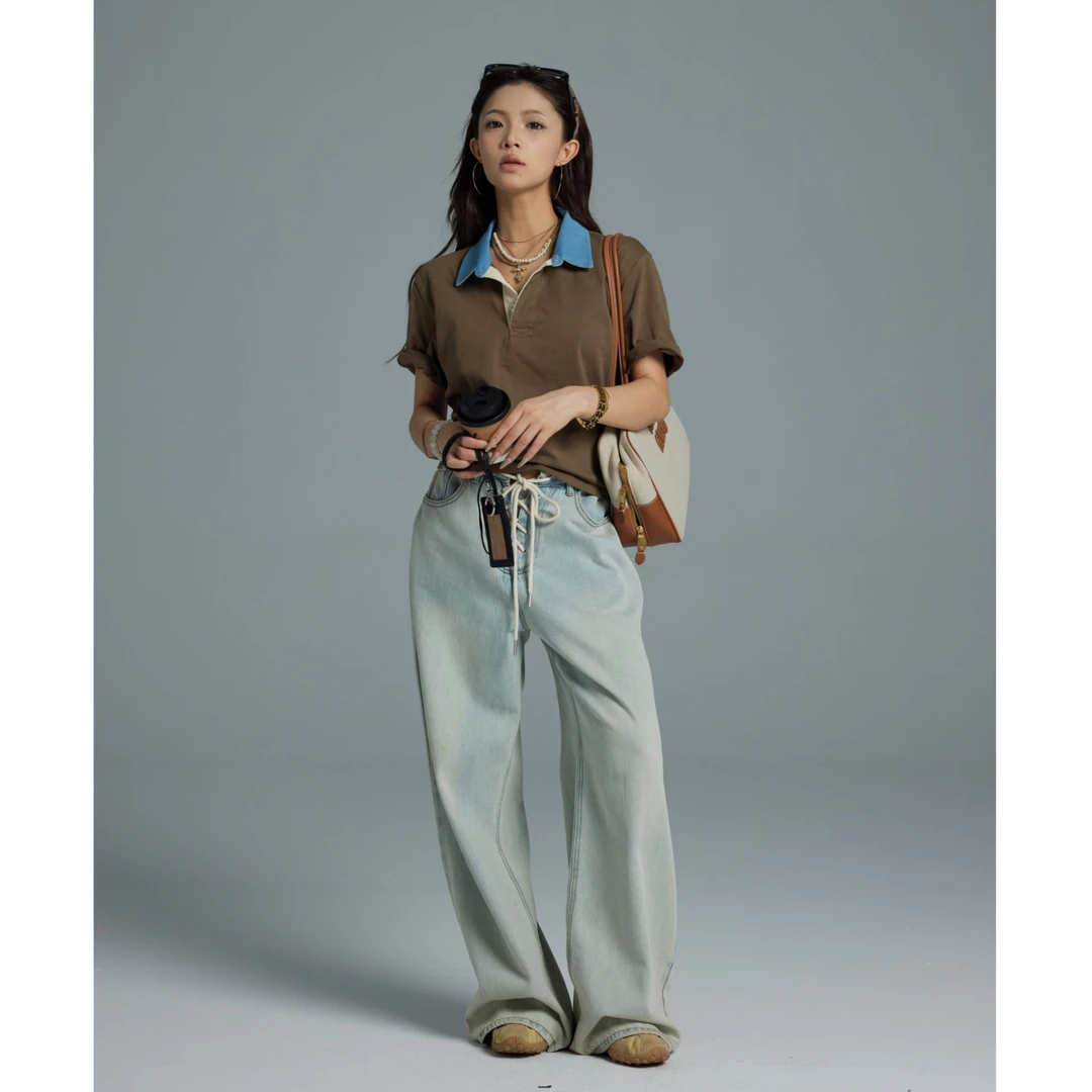 （青）【松弛一夏】绑带中腰牛仔裤复古宽松显瘦休闲拖地裤XHCK0743