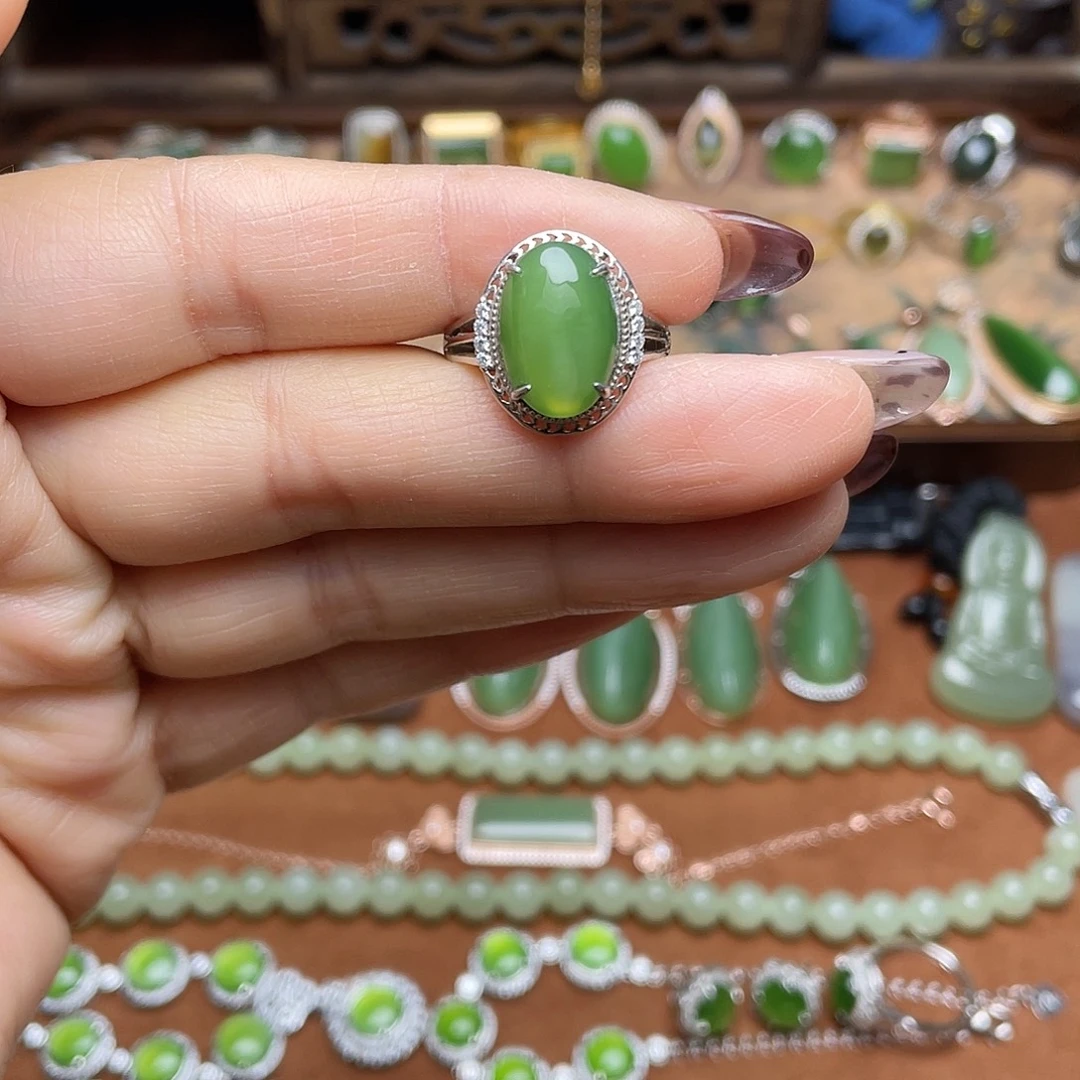 和田玉（碧玉）银S925镶嵌吊坠(不含链)戒指