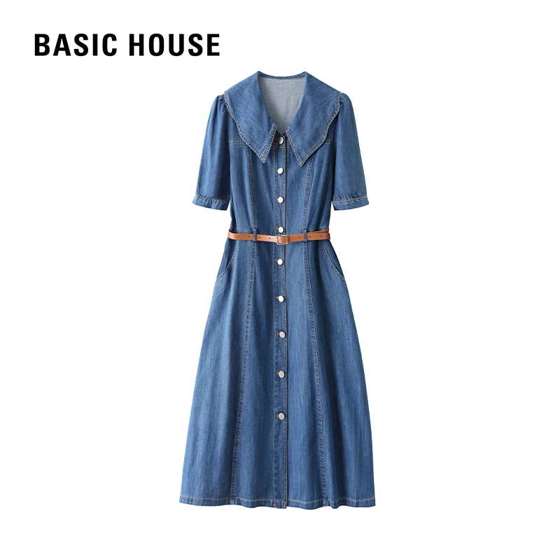 Basic House/百家好夏季蓝色显瘦气质时尚休闲简约复古长款连衣裙
