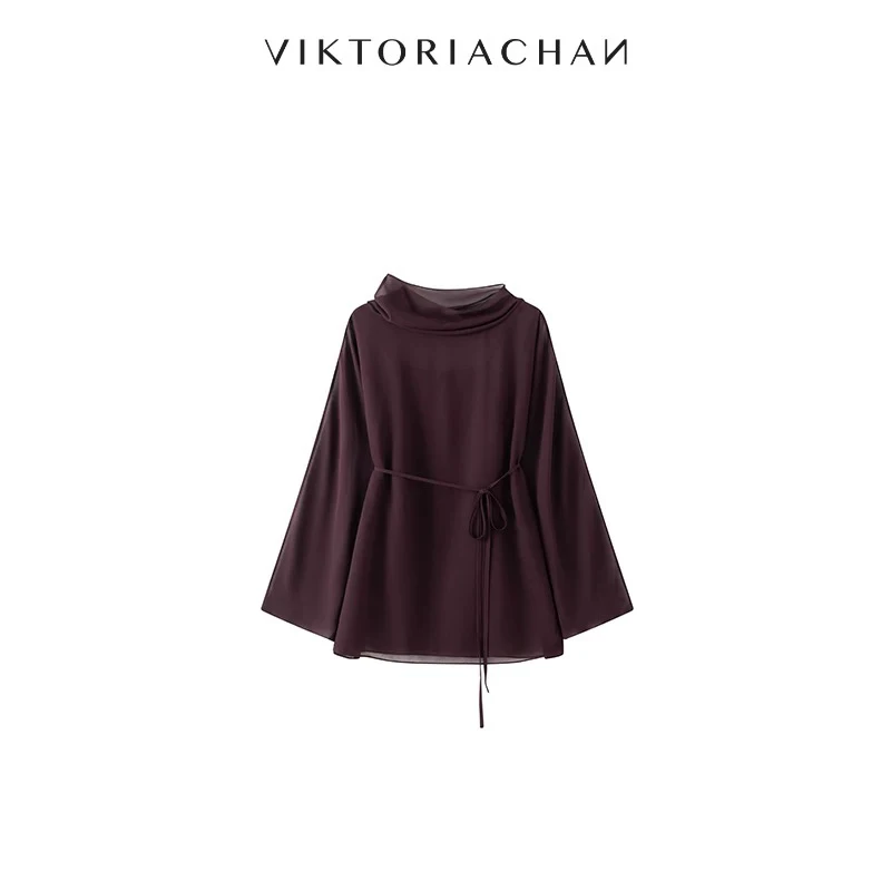 董小姐买手店VIKTORIACHAN 不规则高领腰带装饰薄绸上衣