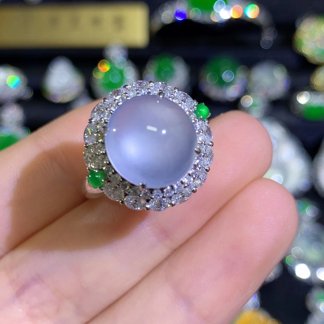 翡翠戒指18K金镶嵌玻璃种双眼皮蛋面戒指