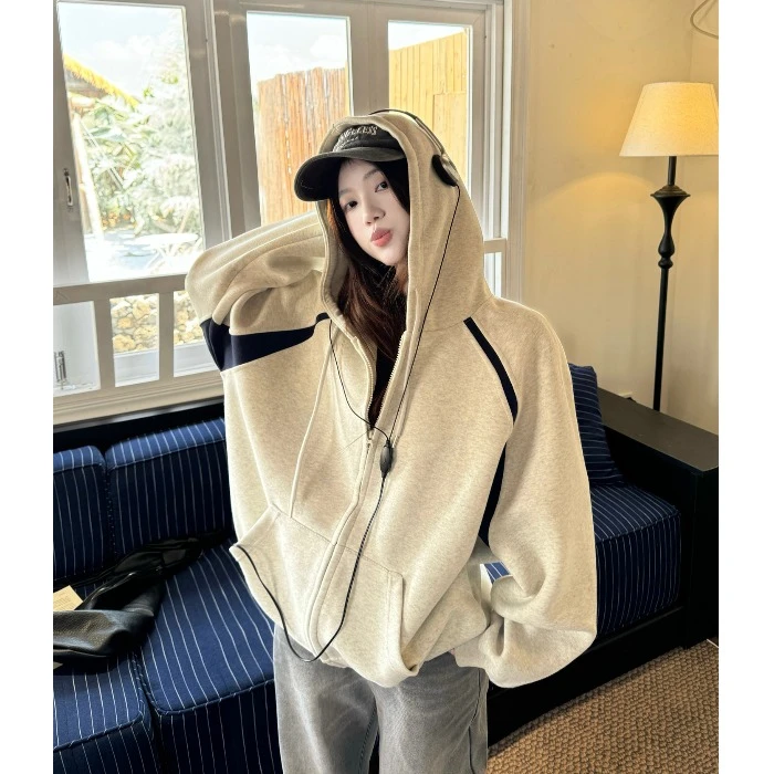 美式复古拼色连帽拉链卫衣外套女装秋季新款百搭宽松显瘦休闲上衣