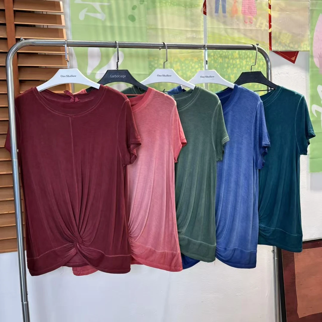 女士水洗做旧圆领扭结设计感休闲短袖T恤5818（要单独洗）