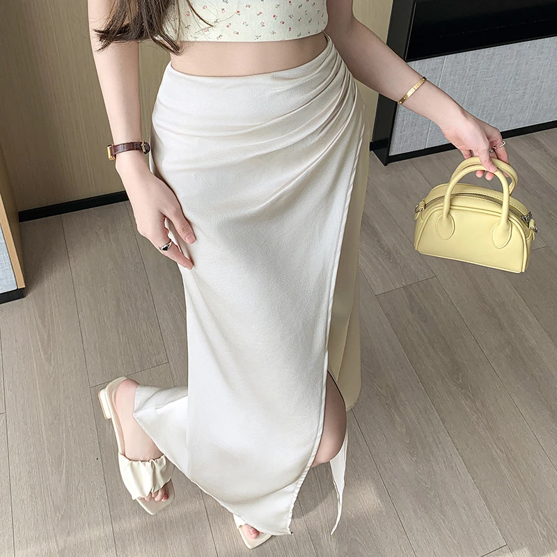 半身裙女2025春夏新中式国风缎面鱼尾裙褶皱中长款复古遮肚裙显瘦