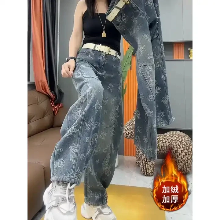 欧货复古提花加绒弯刀长裤秋冬新款微胖高腰显瘦宽松百搭牛仔裤女