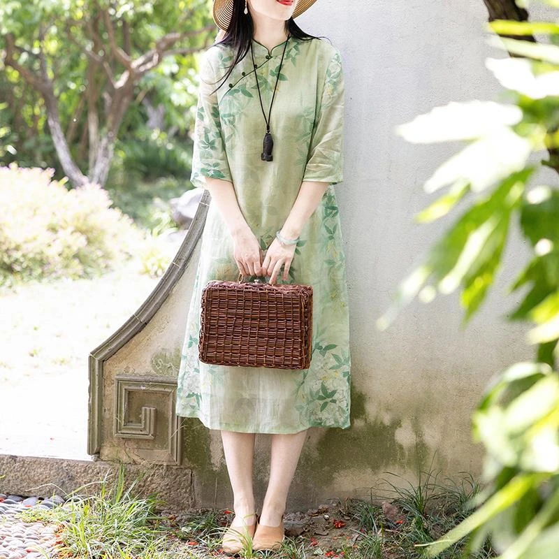 中式苎麻改良旗袍连衣裙女夏季新款宽松轻薄休闲禅意印花中长裙子