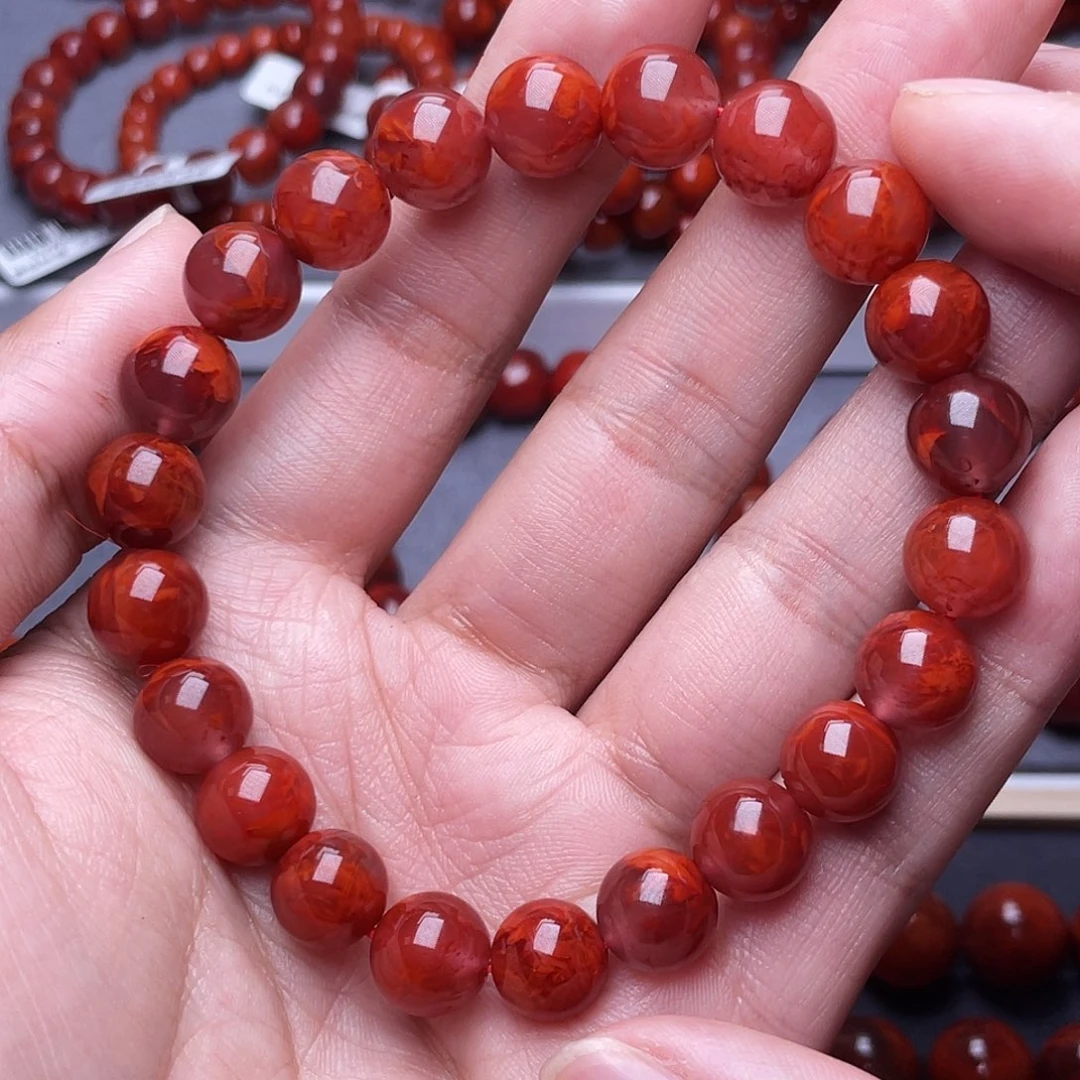 …***…南红玛瑙未镶嵌挂件10mm瓦西玫红火焰纹圆珠手串