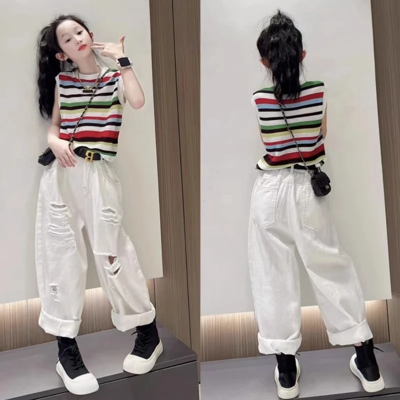 韩版彩条冰丝无袖背心套装女童夏季新款洋气中大童破洞牛仔哈伦裤