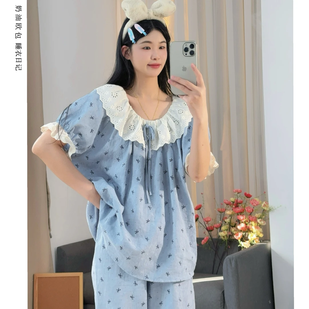 夏季公主风薄款甜美宽松纯棉睡衣女100%全棉圆领可外穿家居服套装