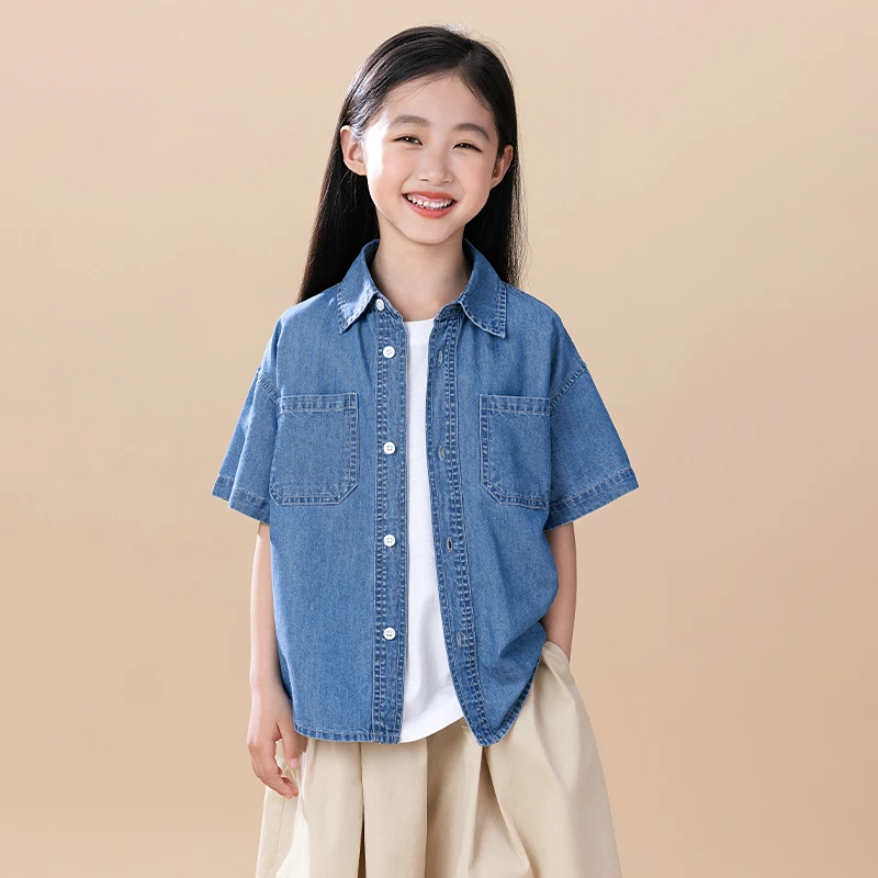 女童牛仔衬衫短袖夏季薄款2025新款儿童衬衣外套中大童上衣可单穿