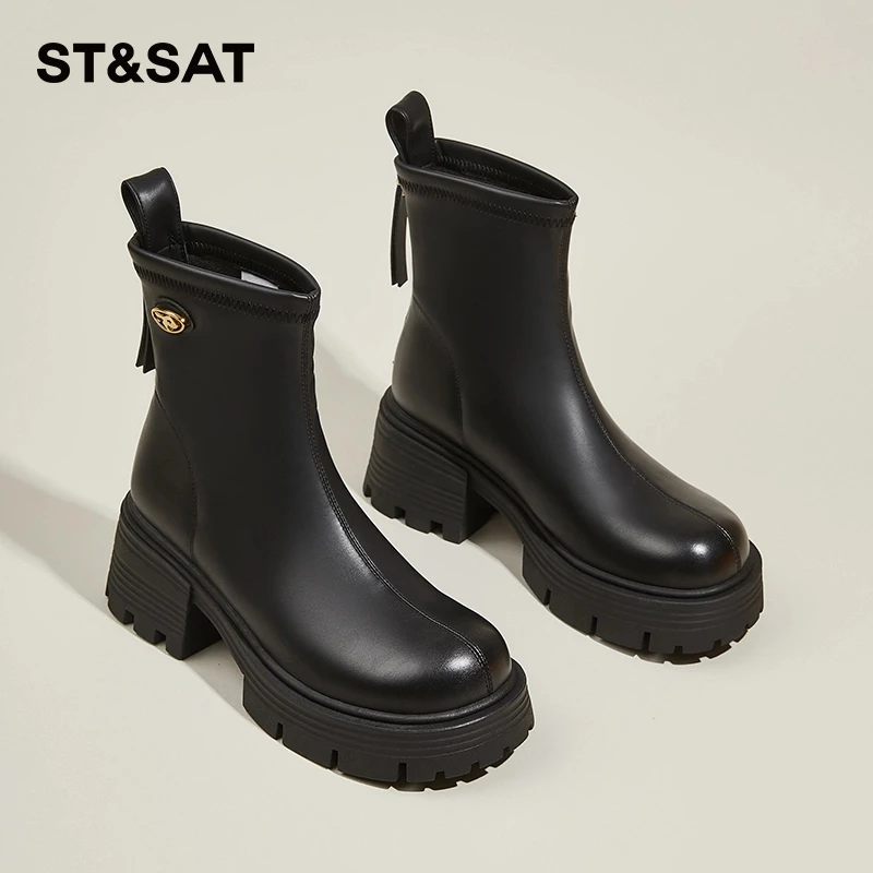 星期六厚底瘦瘦靴短靴女2024冬季新款粗高跟加绒女靴显瘦长弹力靴