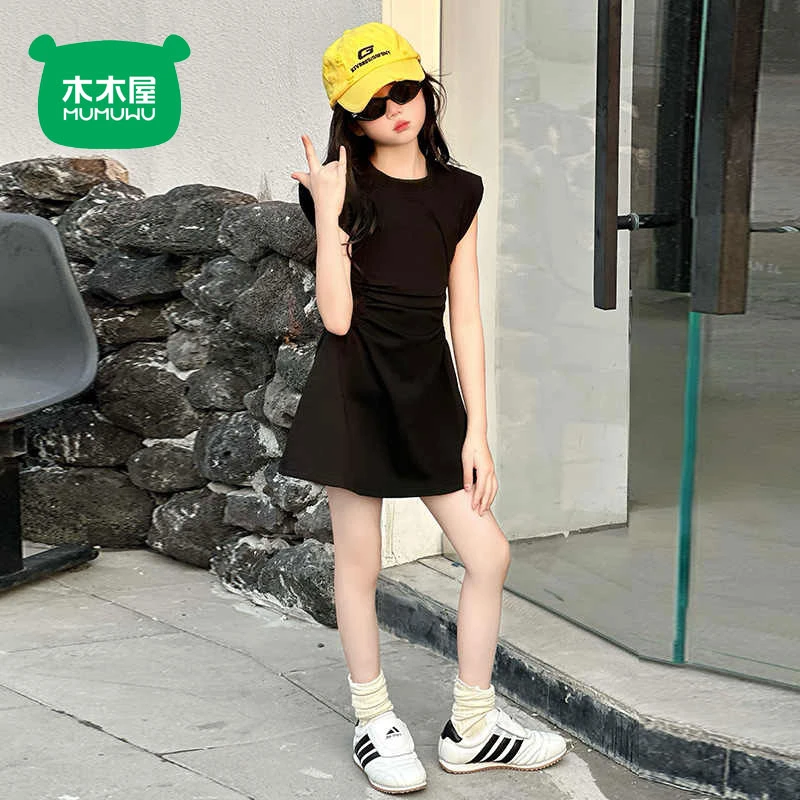木木屋法式高级感收腰显瘦连衣裙女童夏季新款甜美风圆领a字裙