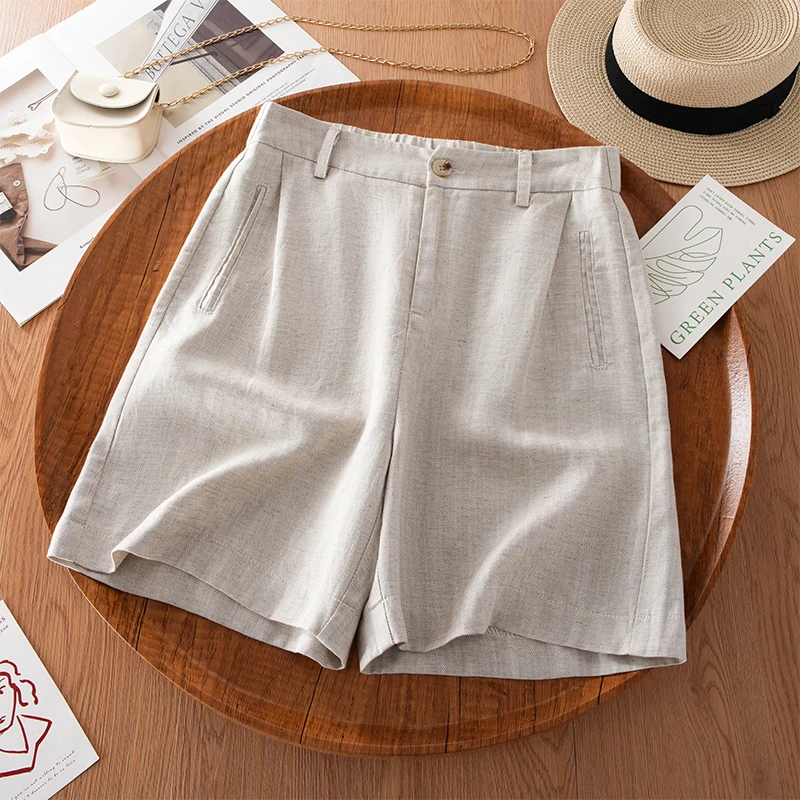 新款天丝亚麻四分夏季阔腿短裤女2025年薄款棉麻高腰小个子中裤