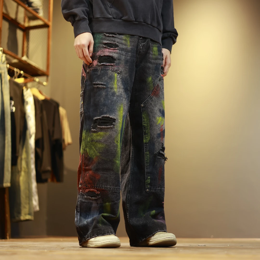 31007新款潮流个性宽松彩色抹料假破洞直筒牛仔裤
