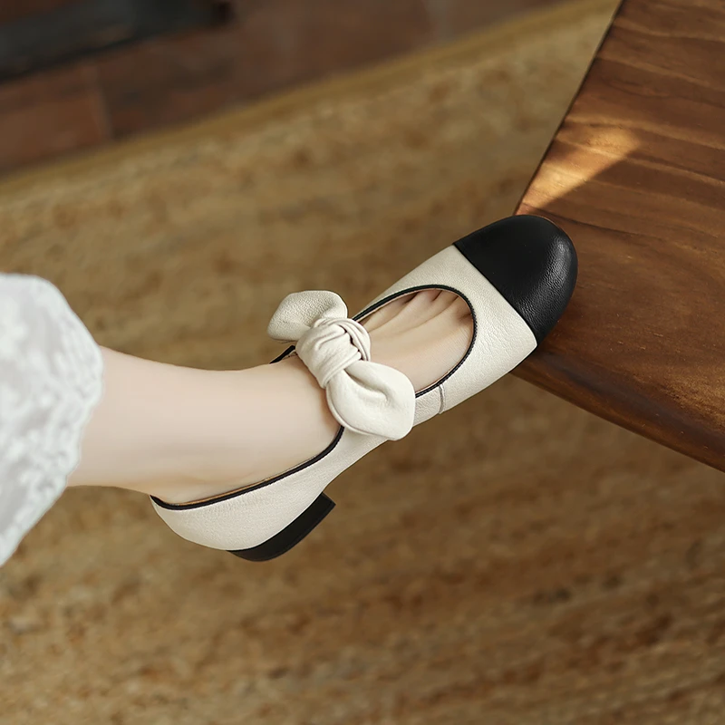 头层羊皮手工鞋/2CM低跟优雅蝴蝶结小香风浅口单鞋女平底瓢鞋M713