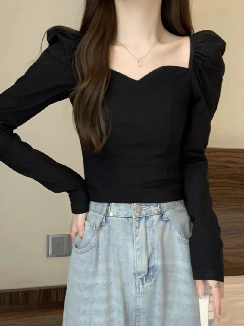 A4061短款长袖方领泡泡袖T恤秋季设计感新款打底衬衫修身显瘦上衣