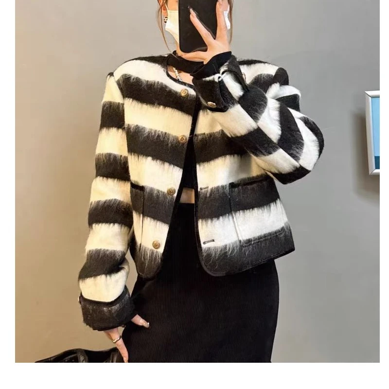 圆领小香风晕染条纹轻奢高级感外套K2442