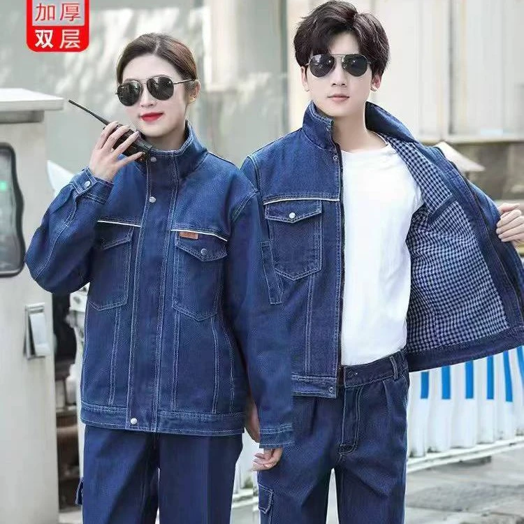 春秋厚款牛仔套装焊工长袖工厂车间立领工装制服男士工装耐脏上衣