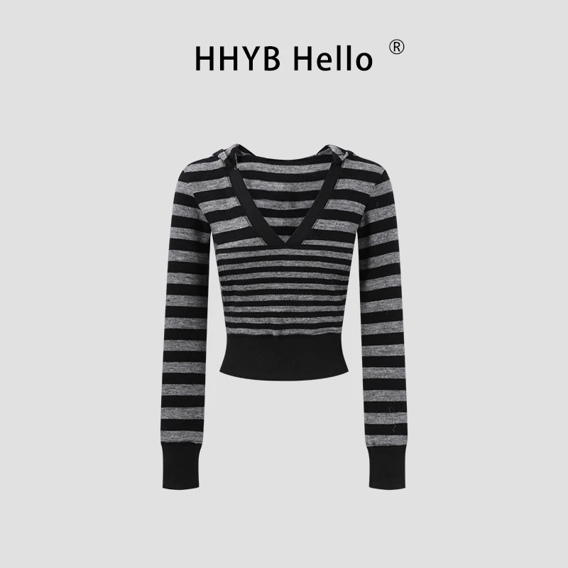 HHYB Hello复古连帽条纹长袖T恤女2025早秋新款显瘦上衣250720