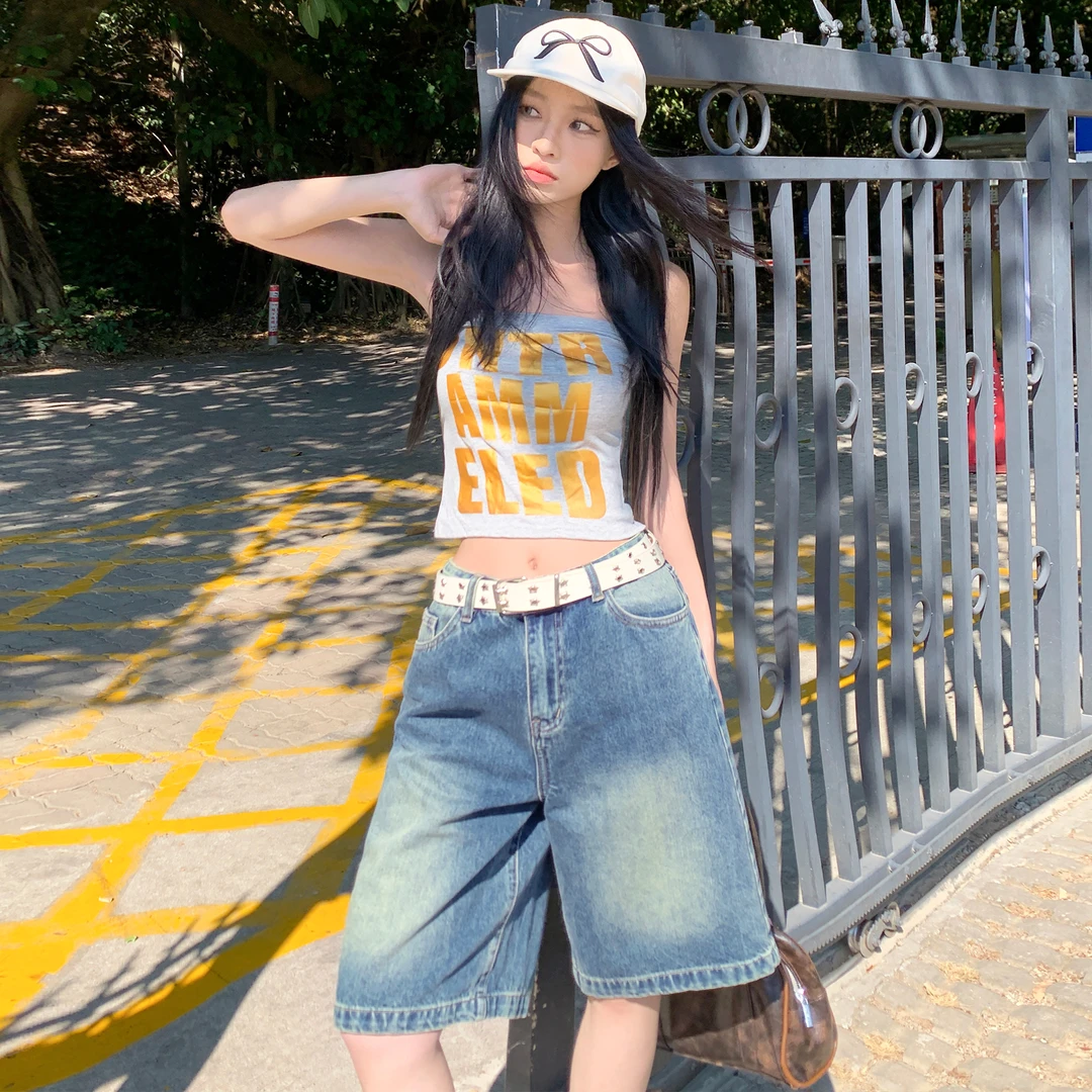 哥弟阿玛施正直筒裤水洗裤子爆款女装牛仔短裤美式五分裤宽松中裤