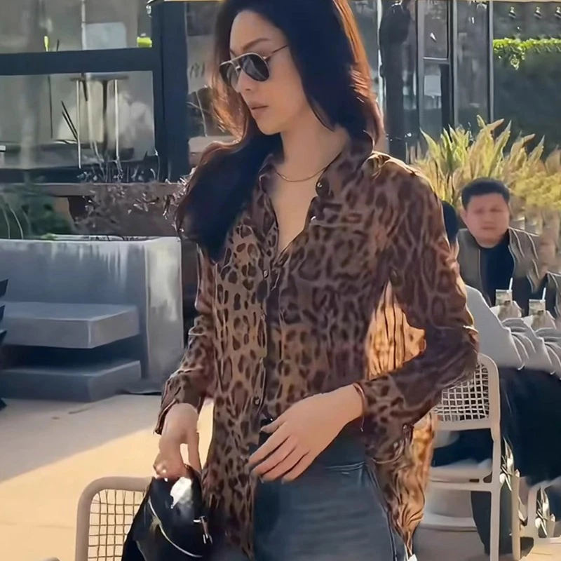 欧货豹纹长袖防晒衬衫女冬季薄款宽松雪纺衫设计感复古气质小上衣