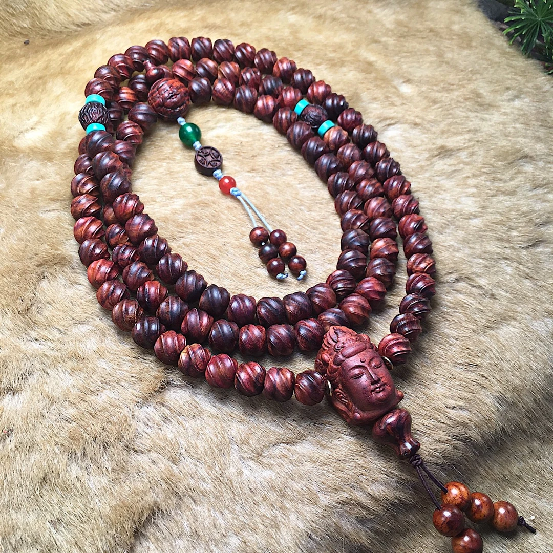 海南黄花梨扭转乾坤佛珠手串10*9/108颗多圈念珠手链配观音头项链