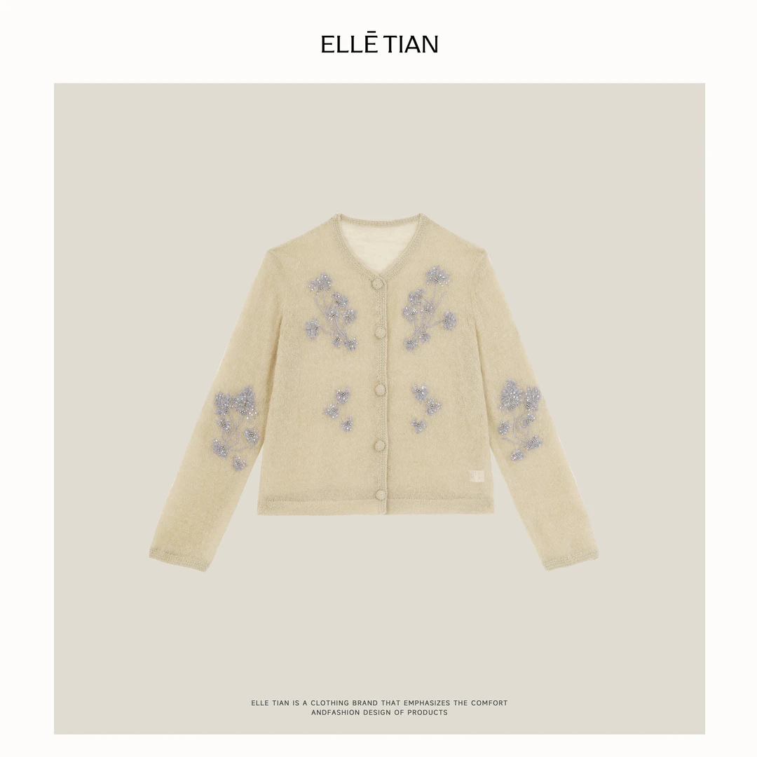 ELLETIAN "香榭日记"羊驼毛+羊毛串珠亮片刺绣圆领毛衣EAQZ031