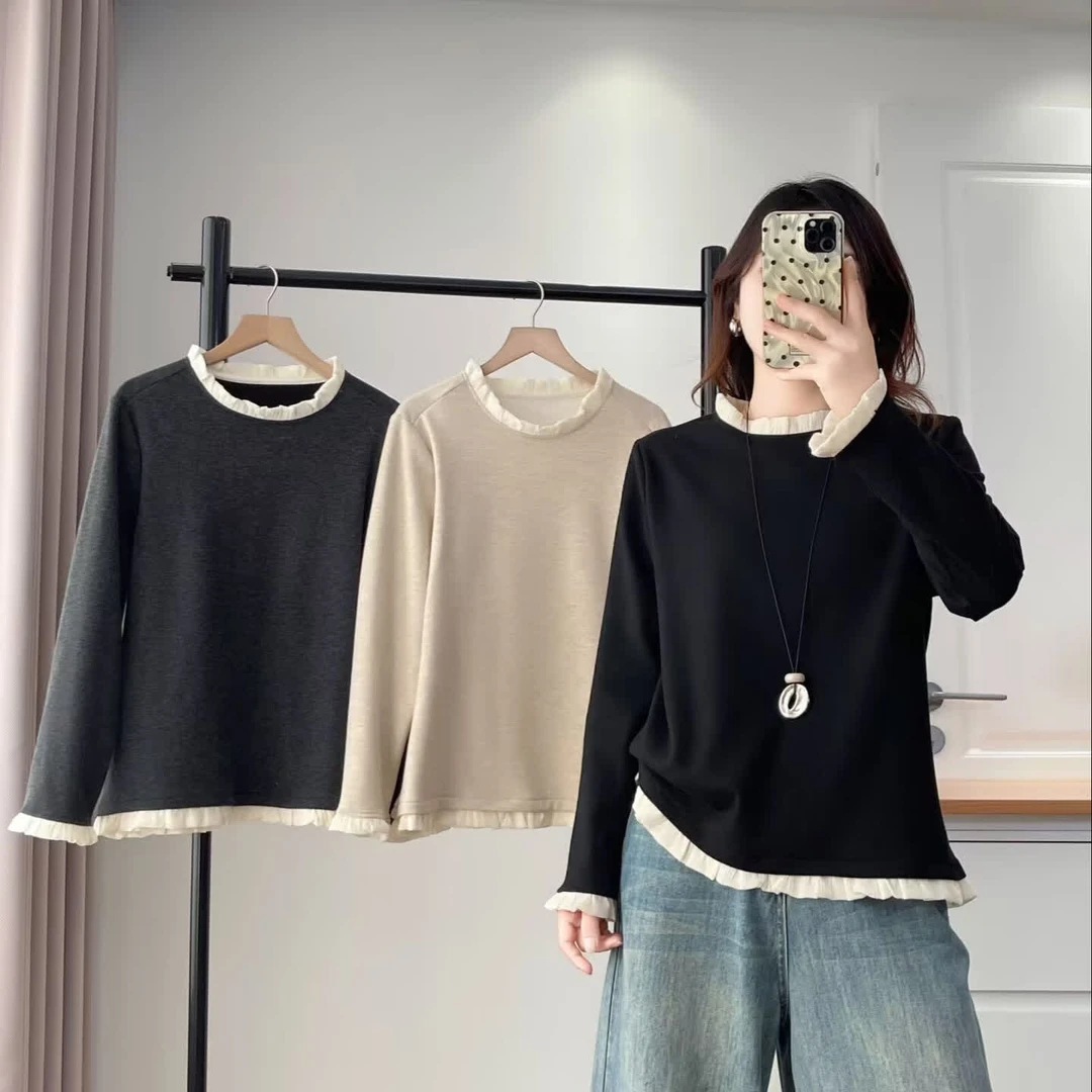 大码胖mm冬季新款洋气花边领拼接T恤女宽松休闲打底衫上衣6702